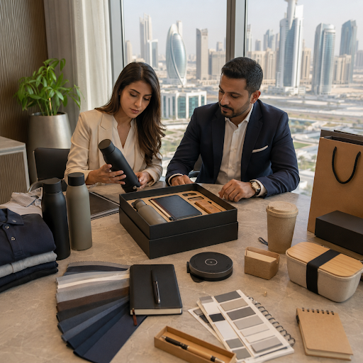 unnamed 1 - Al Nawras – Corporate Gifts & Custom Uniforms Two professionals review product samples and color swatches on a table with a city skyline in the background.