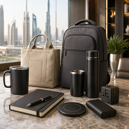 Backpack, tote bag, and travel accessories arranged on a marble counter with a city skyline in the background.