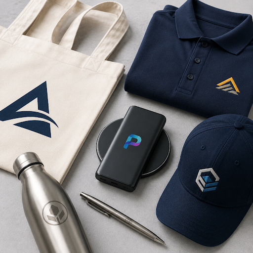 Branded merchandise laid out: beige tote bag, navy polo, navy cap, water bottle, wireless charger, and pen, all with logos.