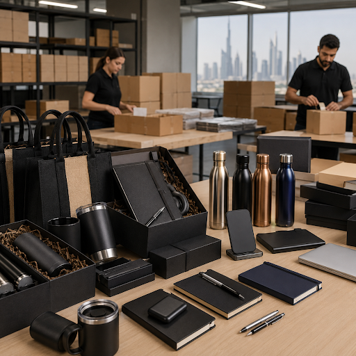 A workspace with black and brown gift boxes, notebooks, pens, and bottles on a table, two workers in the background packing boxes.