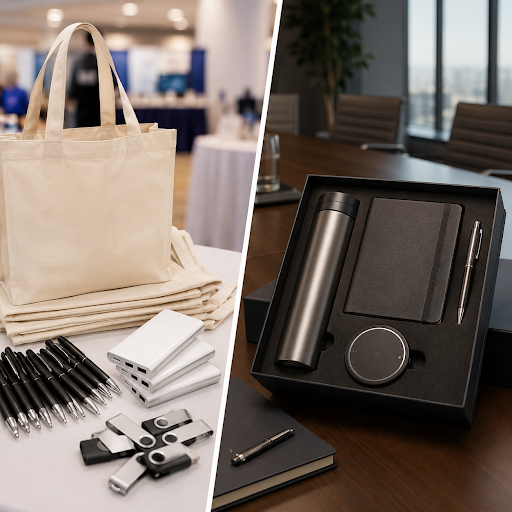Split image of office swag: left shows a beige tote bag and notebooks; right shows a gift box with a metal tumbler, notebook, pen, and round charger.