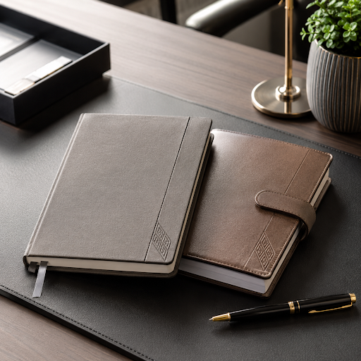 Two leather notebooks on a desk, one gray and one brown with a strap, beside a black pen on a desk mat that covers the surface.