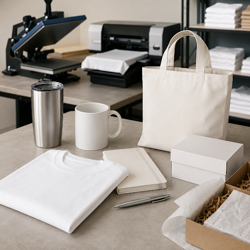 Desk with sample merchandise for a print shop: white T‑shirt, beige tote bag, boxed items, mug, metal tumbler, pen, and packaging materials; heat press and printer in the background.
