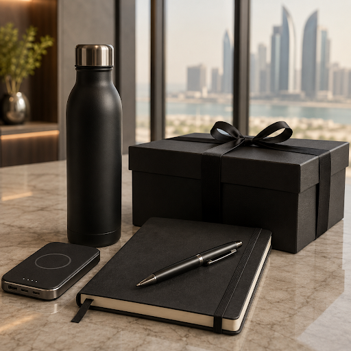 unnamed - Al Nawras – Corporate Gifts & Custom Uniforms Black gift box with ribbon on a marble desk, beside a notebook and pen, a water bottle, and a wireless charger, with a city skyline outside.