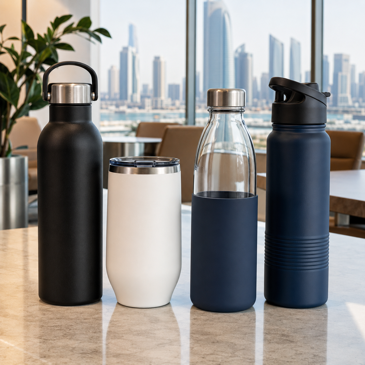 A row of four distinct bottles on a marble table with a city skyline visible through large windows in the background.
