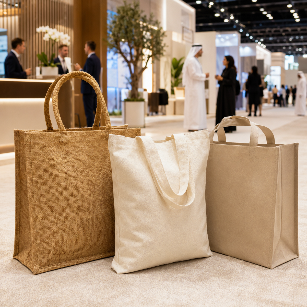 Three beige bags (jute and cotton) on a carpet at an indoor trade show, with people chatting in the background.
