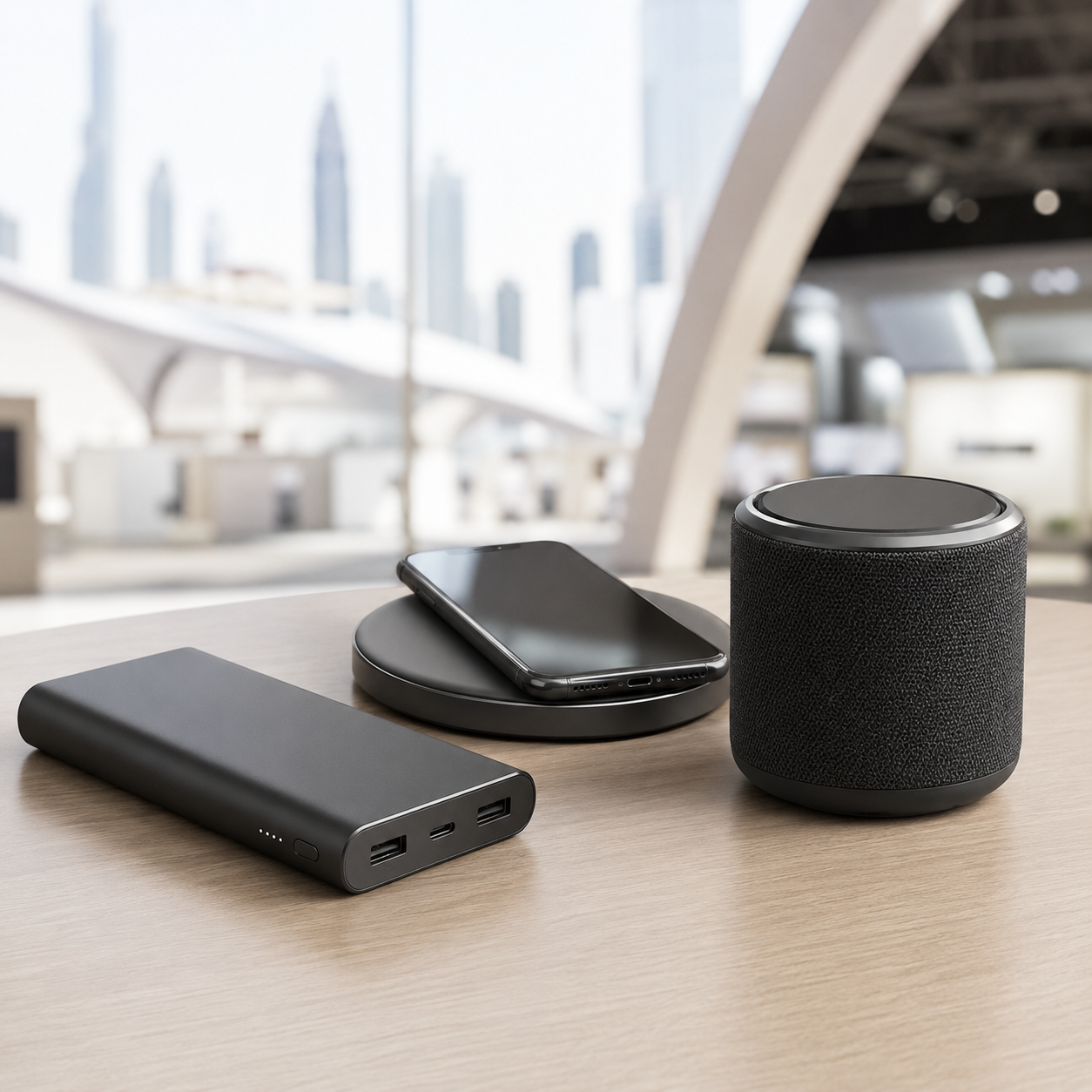 Smartphone on a wireless charging pad with a handheld power bank and a smart speaker on a wooden desk in a bright office setting
