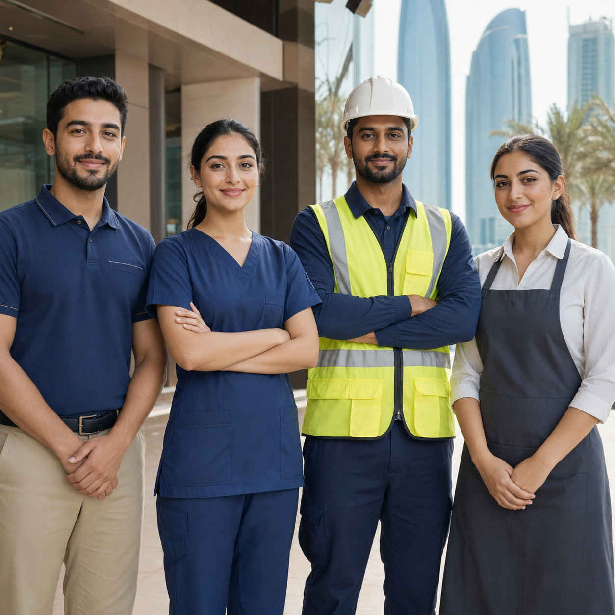 Diverse four-person team outdoors in front of skyscrapers: two healthcare workers in blue scrubs, a construction worker in a yellow safety vest and hard hat, and a staff member in an apron.