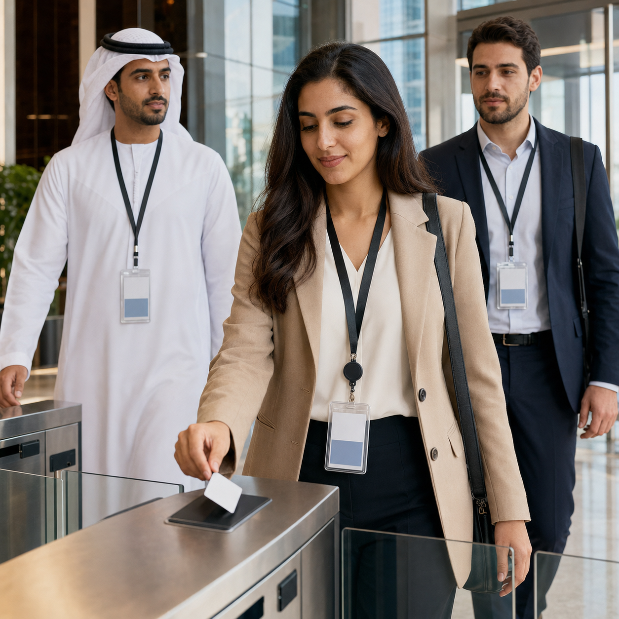 Professional woman in a beige blazer swipes an ID badge at a security turnstile while two colleagues stand behind her.