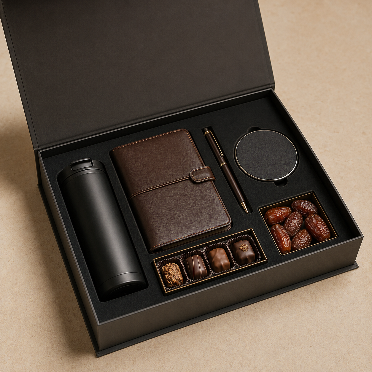 Gift box set for a desk: black insulated bottle, brown leather notebook, pen, wireless charger, chocolates and dates in foam compartments.