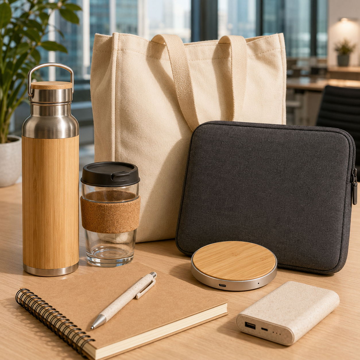 Desk with eco-friendly work essentials: reusable wooden-wrapped bottle, cork-topped cup, canvas tote, gray laptop sleeve, wireless charger, notebook and pen on a wooden desk with a plant in the background.