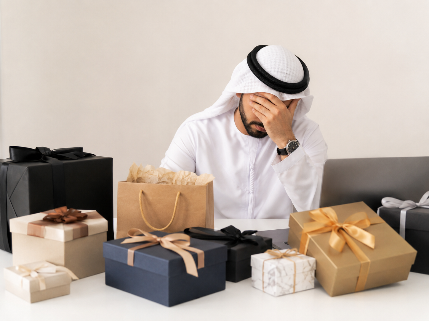 Man wearing a white thobe and keffiyeh sits at a table surrounded by gift boxes, holding his head in frustration.