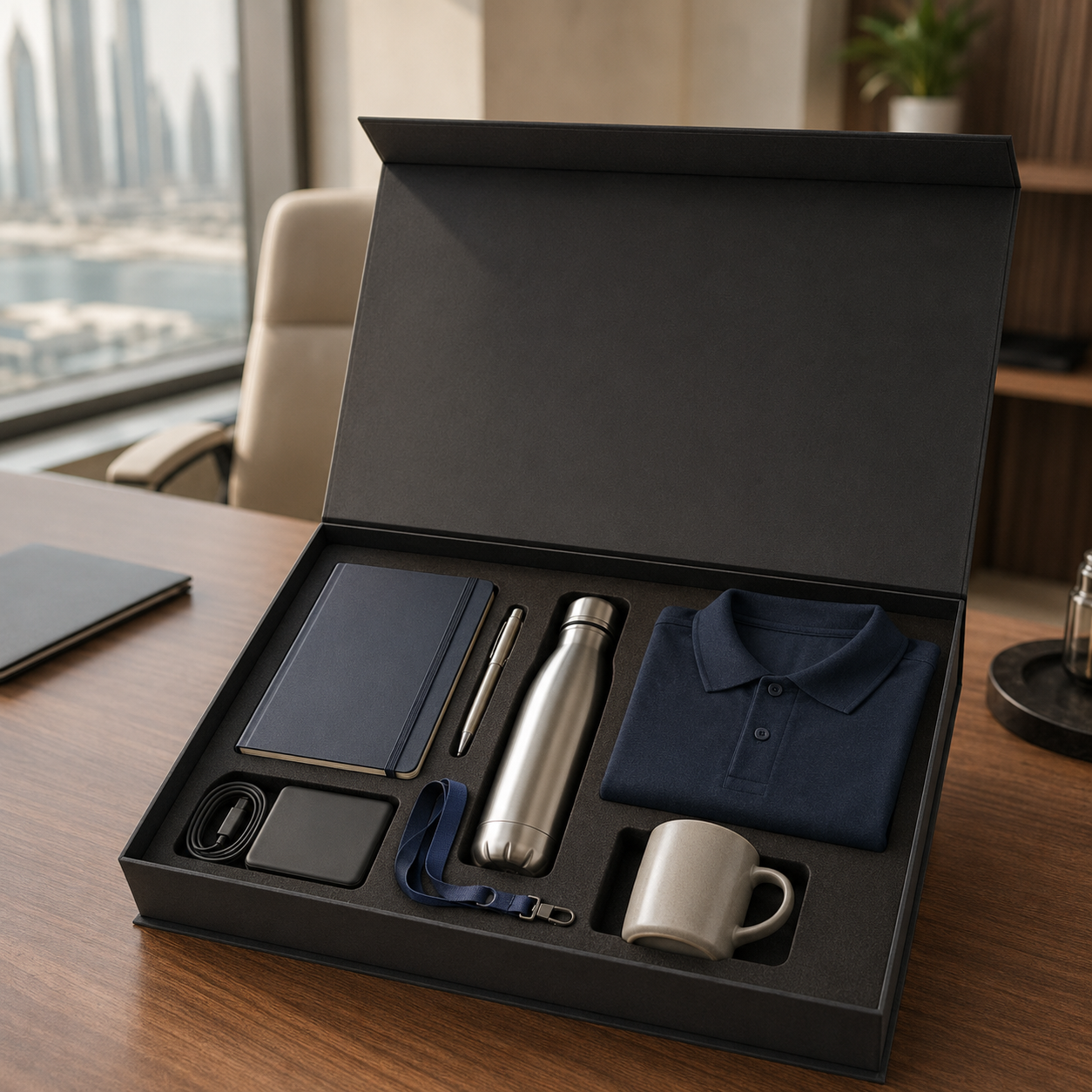 Open gift box on a desk containing a navy polo shirt, metal water bottle, notebook, pen, mug, charger, and lanyard foam insert, office setting
