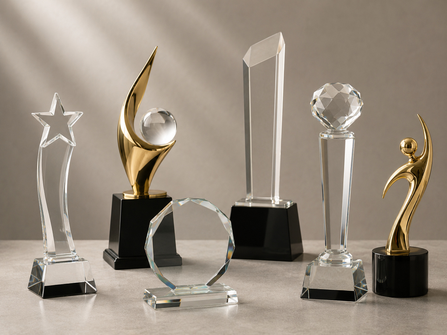 Collection of crystal and metal trophies arranged on a light surface, showcasing awards with star, crescent, and diamond shapes on black bases.