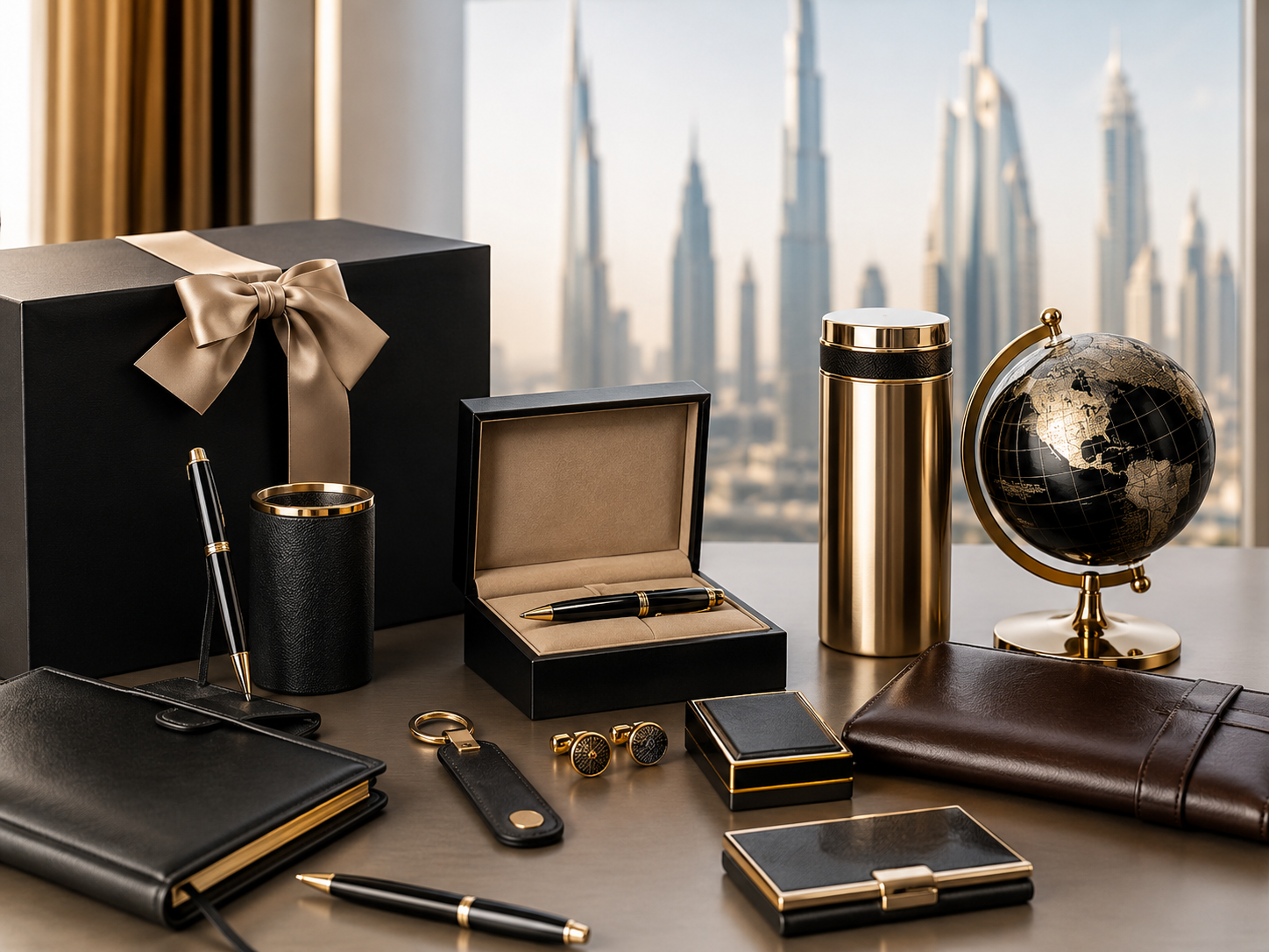 Black gift box with a gold ribbon alongside luxury desk accessories and a city skyline view.