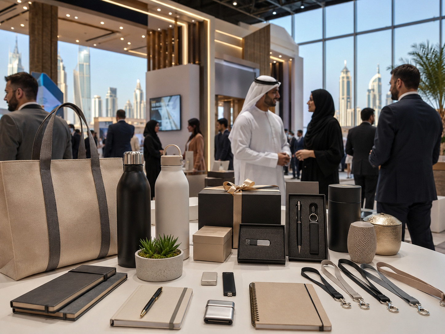 Table at a luxury goods expo featuring notebooks, pens, water bottles, bags, and gift boxes with attendees in the background.