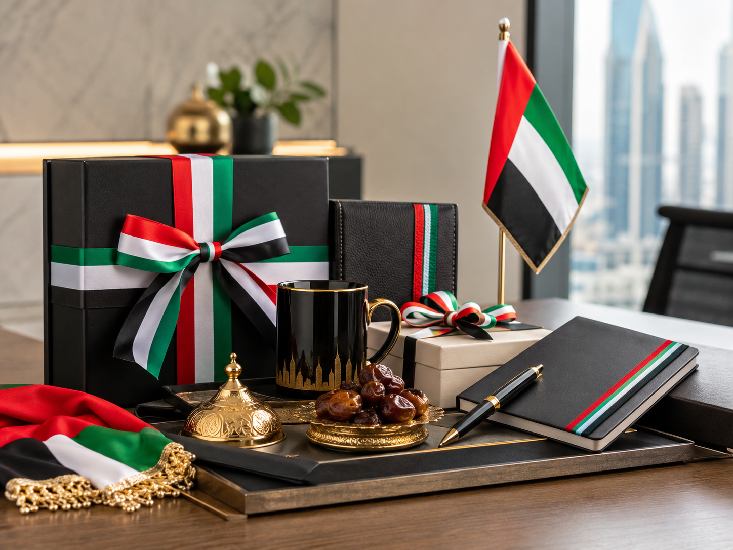 Office desk scene with UAE-themed gifts: a large black gift box with red, white, green ribbon, a UAE flag, gold tea set, dates on a decorative tray, and a black mug with a gold skyline motif.