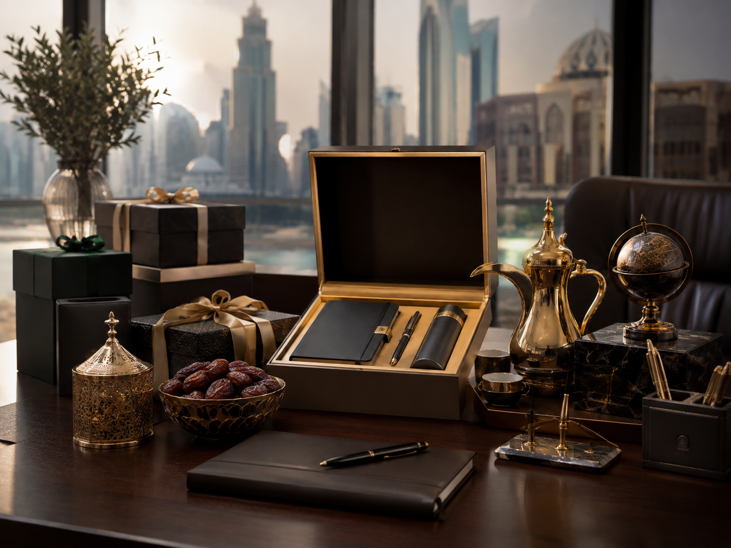 Open gold presentation box with a black notebook and pens on a dark wooden desk, surrounded by gift boxes and a city view outside the window.